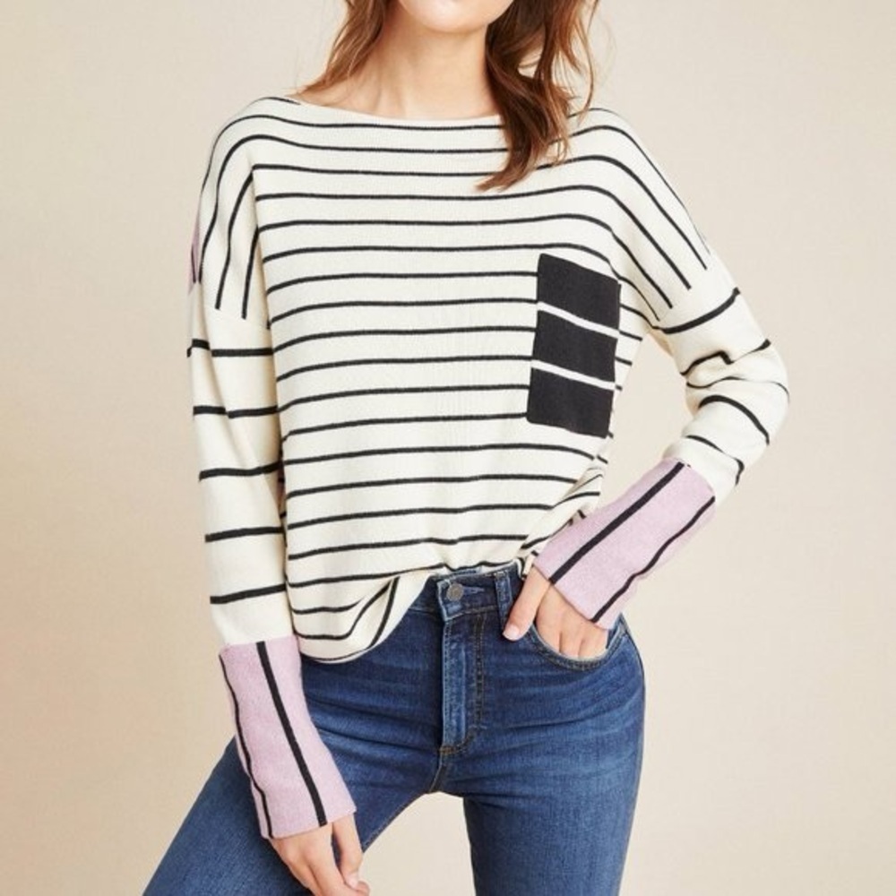 Anthropologie Black and Pink Striped Sweater